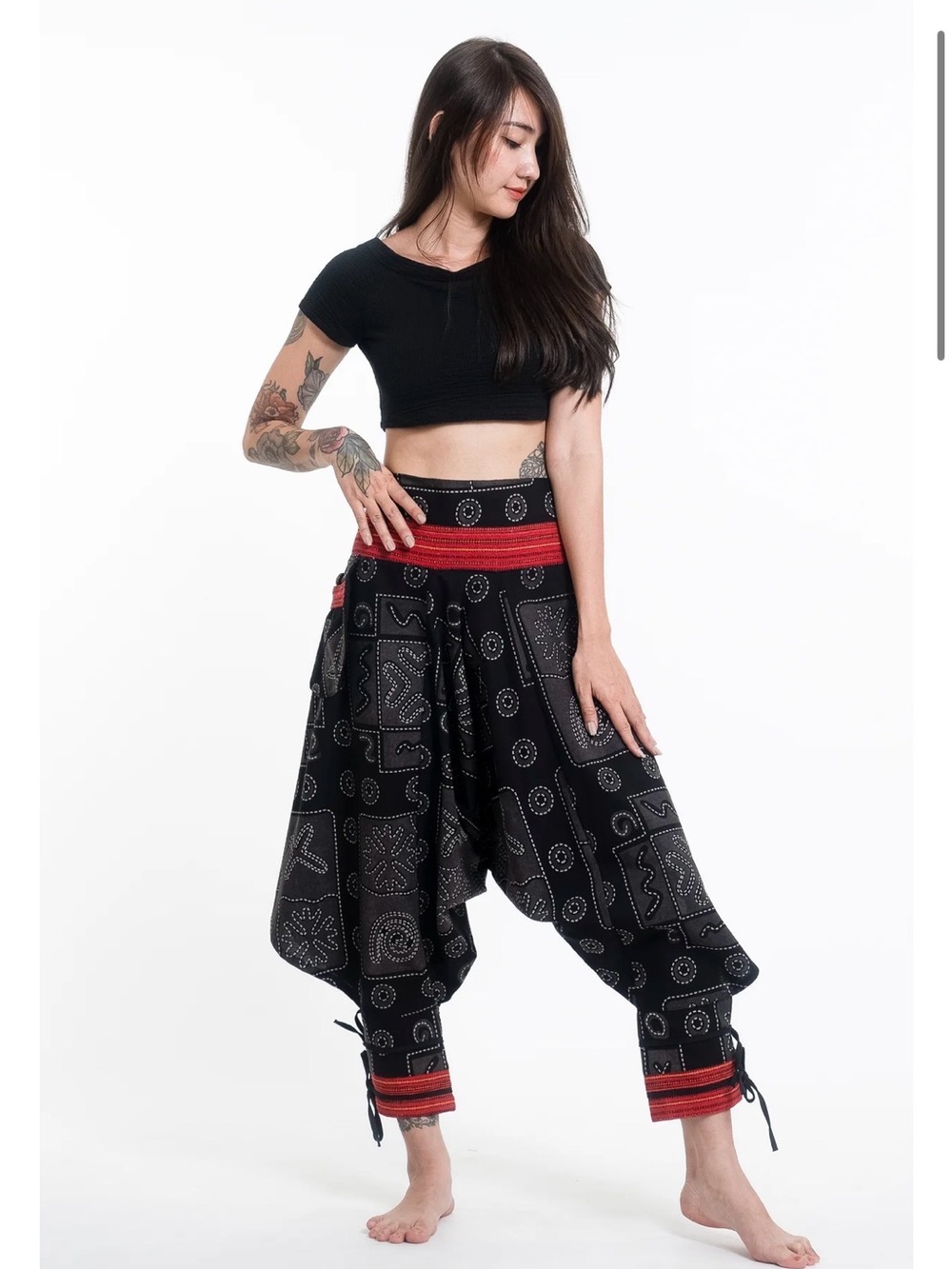 Black Harem Pants with Red Waistband and Cuff